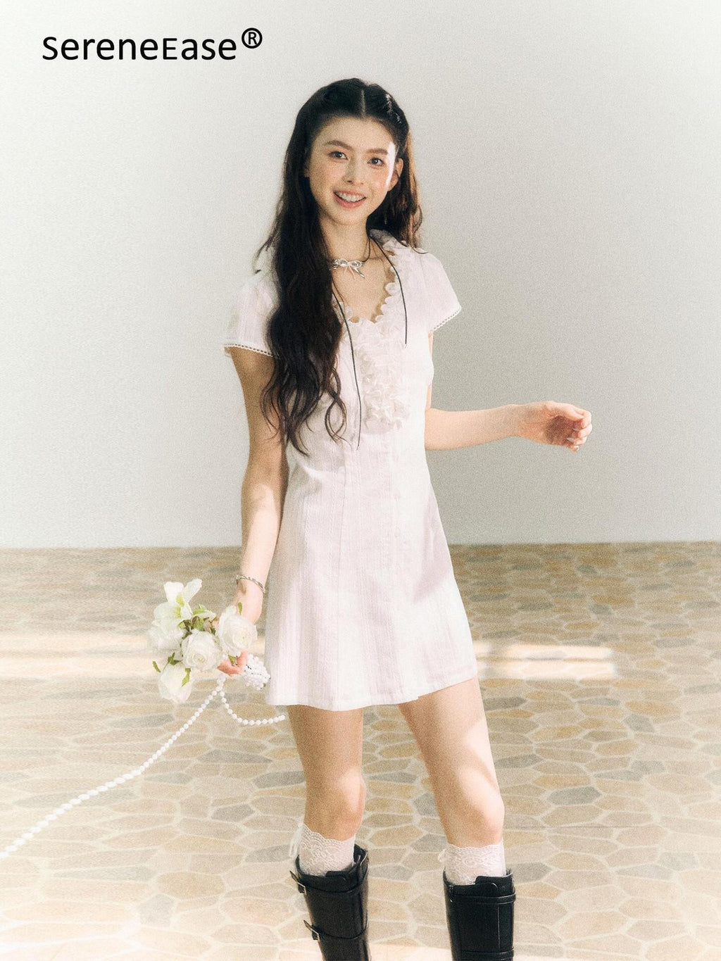 SereneEase White Lace Ruffle V-neck Short Sleeve A Line Women's Cotton Casual Mini Dresses
