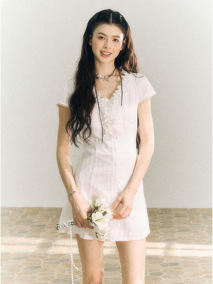 SereneEase White Lace Ruffle V-neck Short Sleeve A Line Women's Cotton Casual Mini Dresses