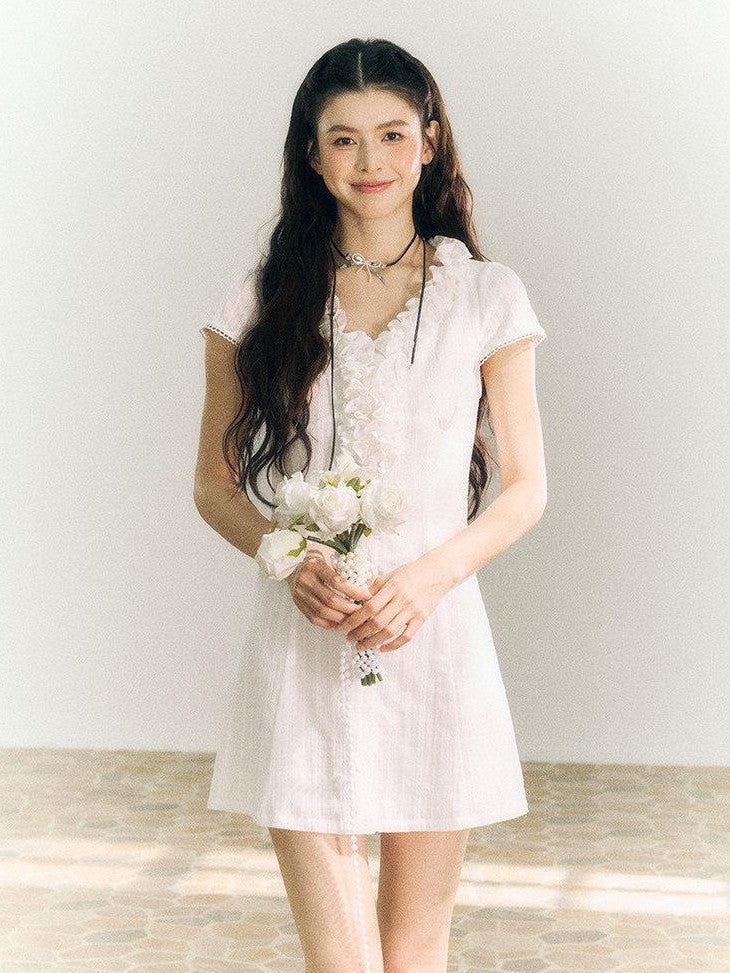 SereneEase White Lace Ruffle V-neck Short Sleeve A Line Women's Cotton Casual Mini Dresses