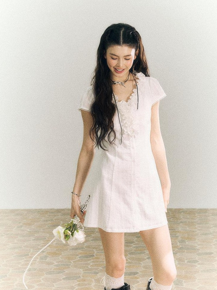 SereneEase White Lace Ruffle V-neck Short Sleeve A Line Women's Cotton Casual Mini Dresses