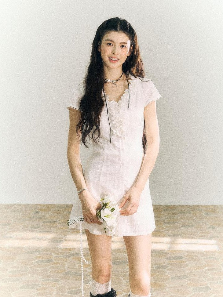 SereneEase White Lace Ruffle V-neck Short Sleeve A Line Women's Cotton Casual Mini Dresses