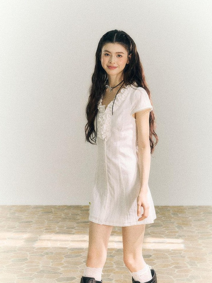 SereneEase White Lace Ruffle V-neck Short Sleeve A Line Women's Cotton Casual Mini Dresses