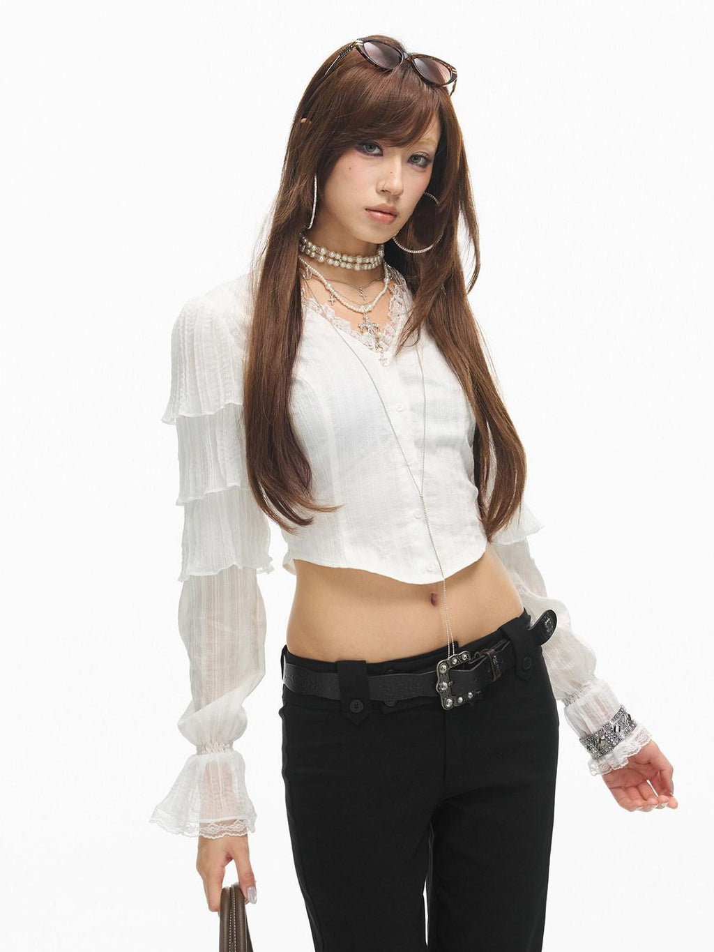 SereneEase White Layered Ruffle Lace V-neck Cropped Slim Fit Women's Blouses