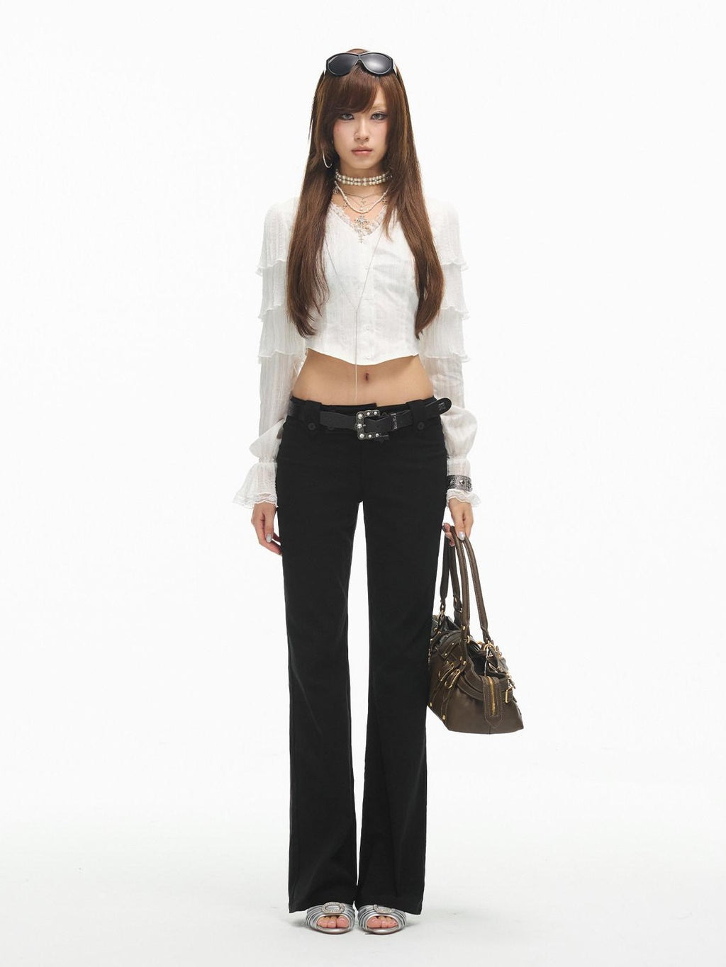 SereneEase White Layered Ruffle Lace V-neck Cropped Slim Fit Women's Blouses