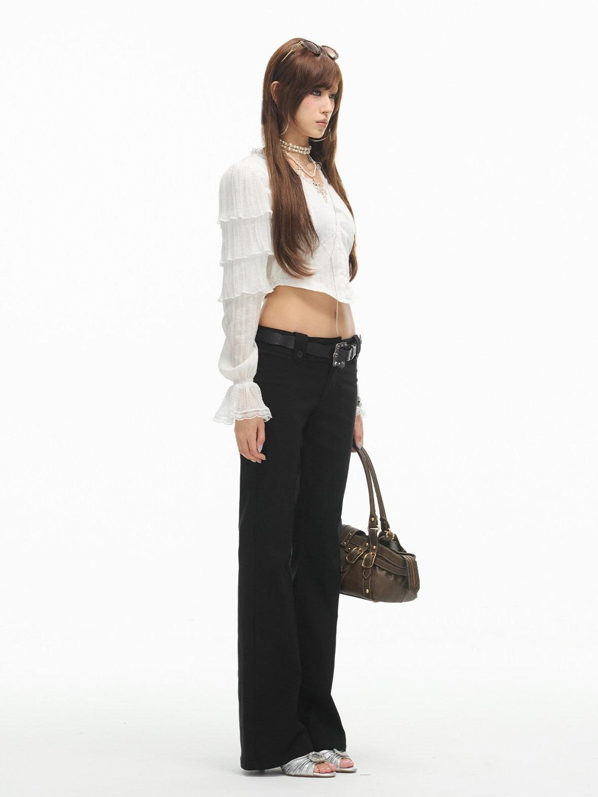 SereneEase White Layered Ruffle Lace V-neck Cropped Slim Fit Women's Blouses