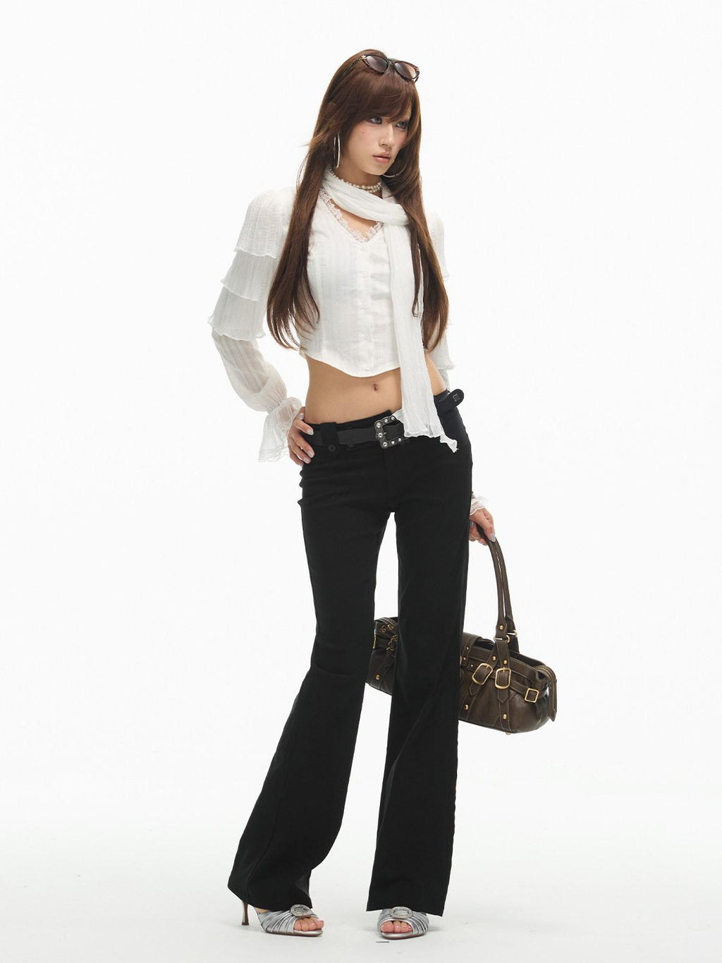 SereneEase White Layered Ruffle Lace V-neck Cropped Slim Fit Women's Blouses