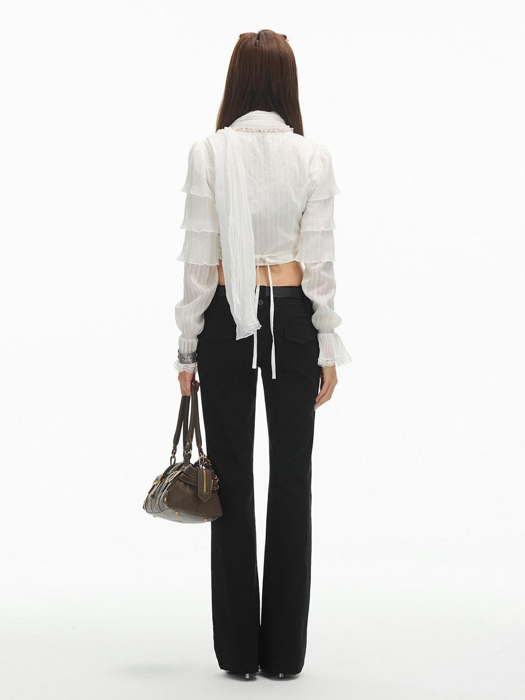 SereneEase White Layered Ruffle Lace V-neck Cropped Slim Fit Women's Blouses