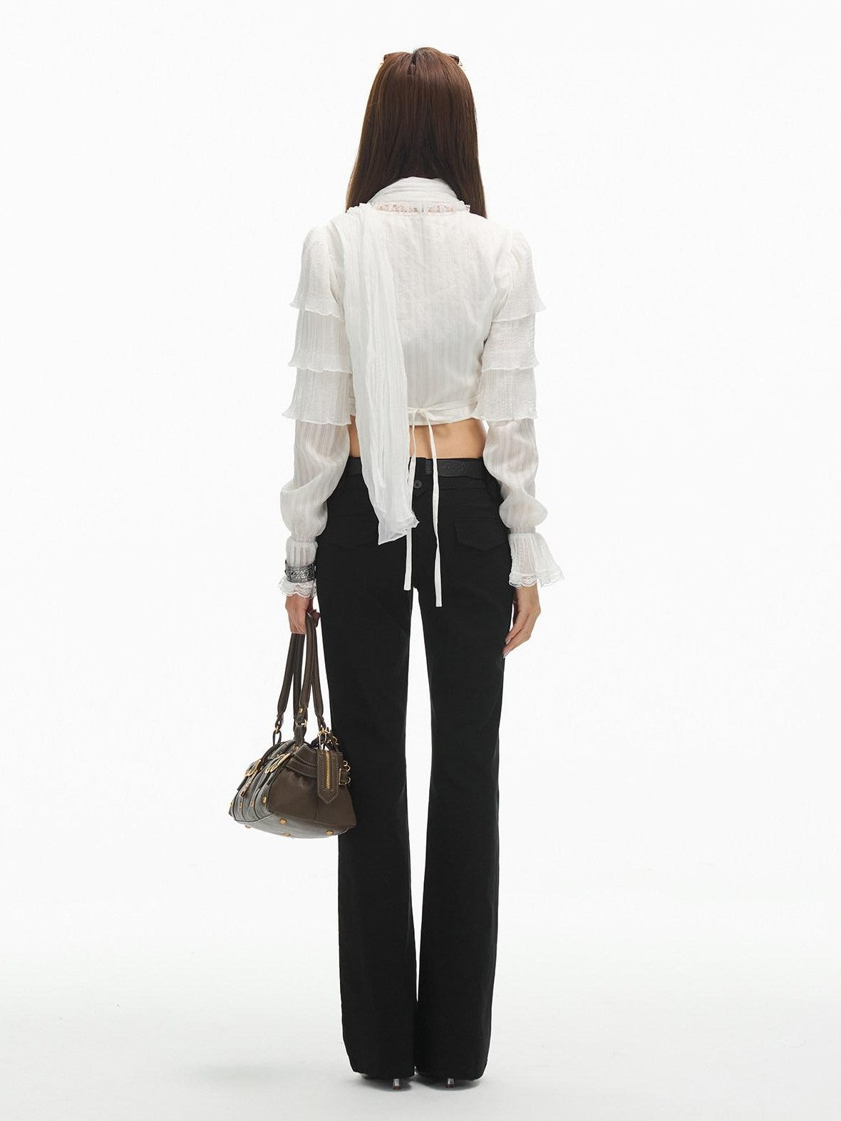 SereneEase White Layered Ruffle Lace V-neck Cropped Slim Fit Women's Blouses