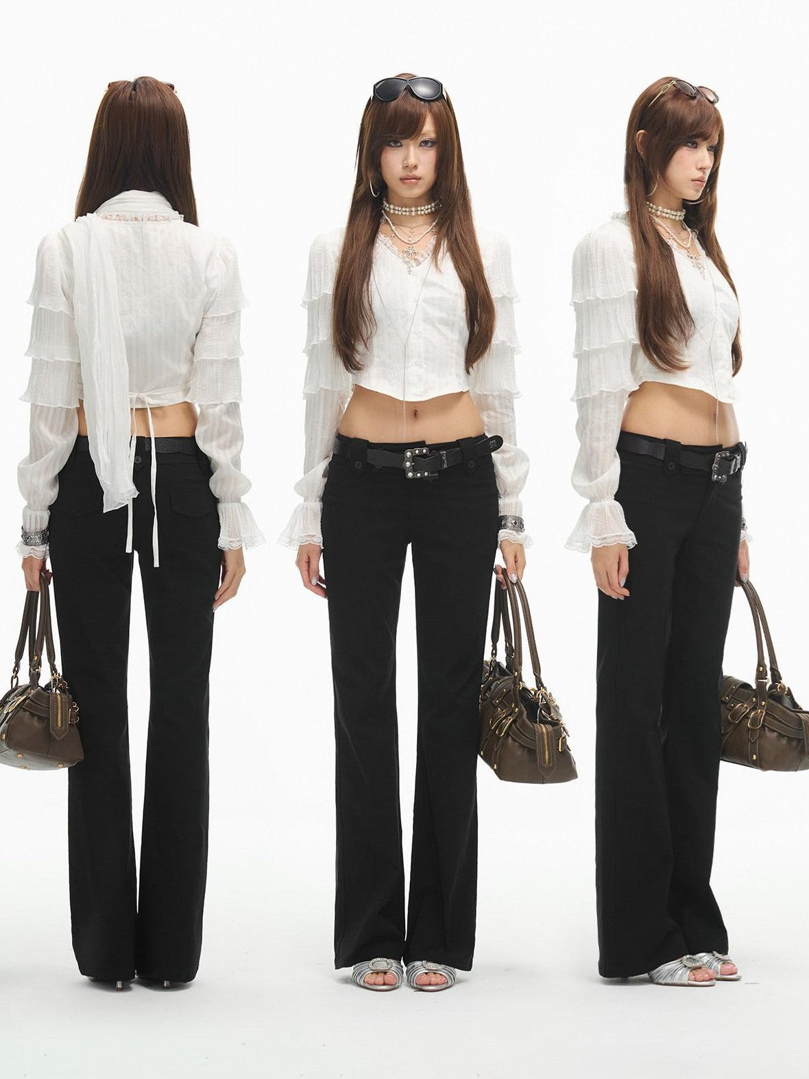 SereneEase White Layered Ruffle Lace V-neck Cropped Slim Fit Women's Blouses