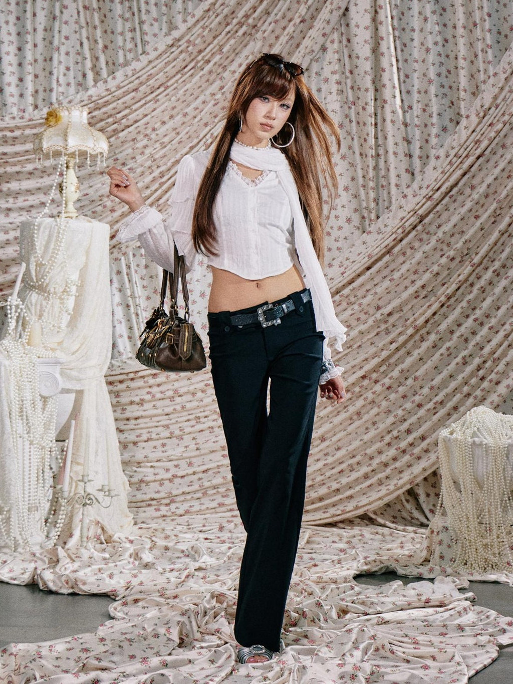 SereneEase White Layered Ruffle Lace V-neck Cropped Slim Fit Women's Blouses