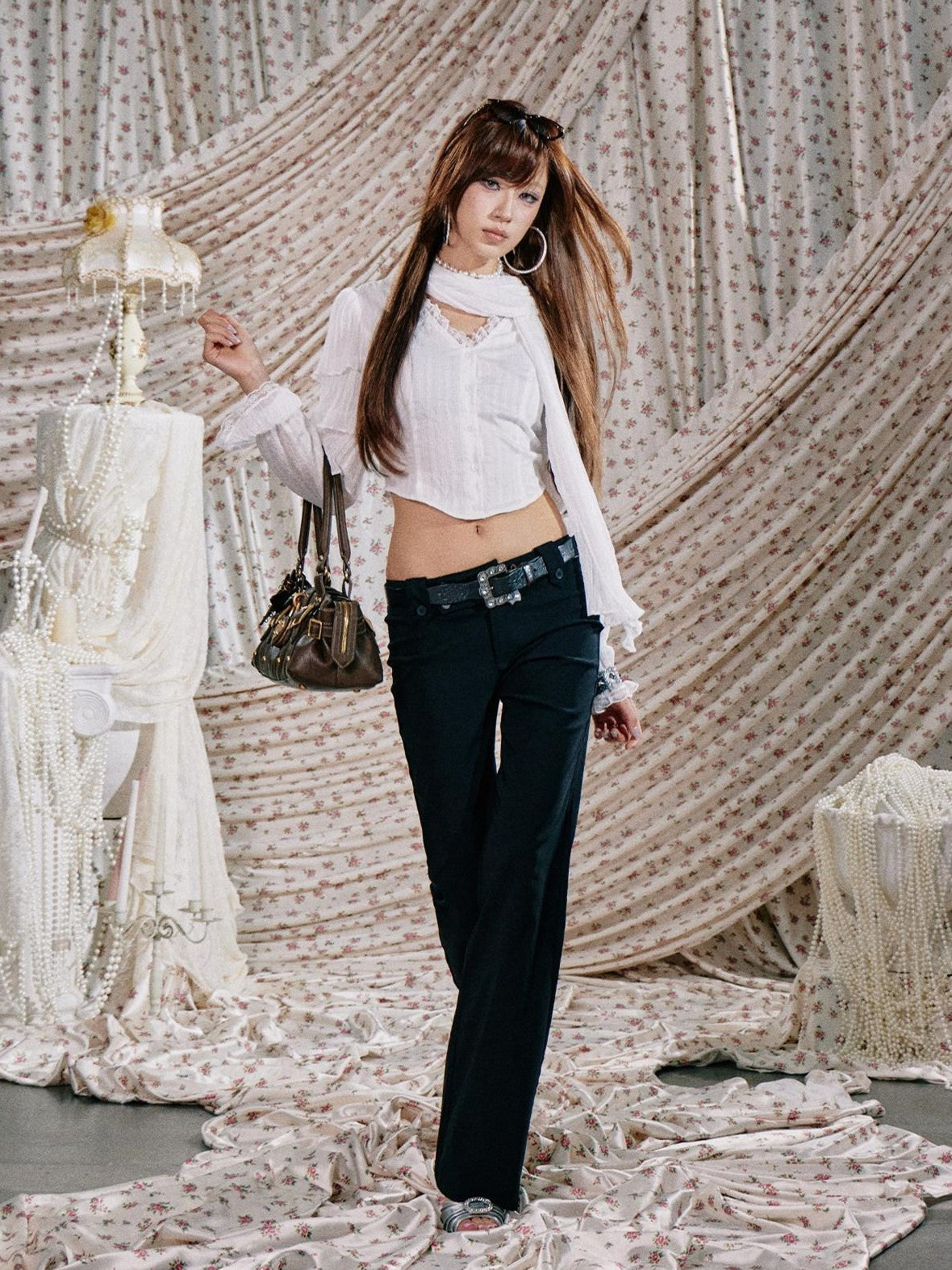 SereneEase White Layered Ruffle Lace V-neck Cropped Slim Fit Women's Blouses