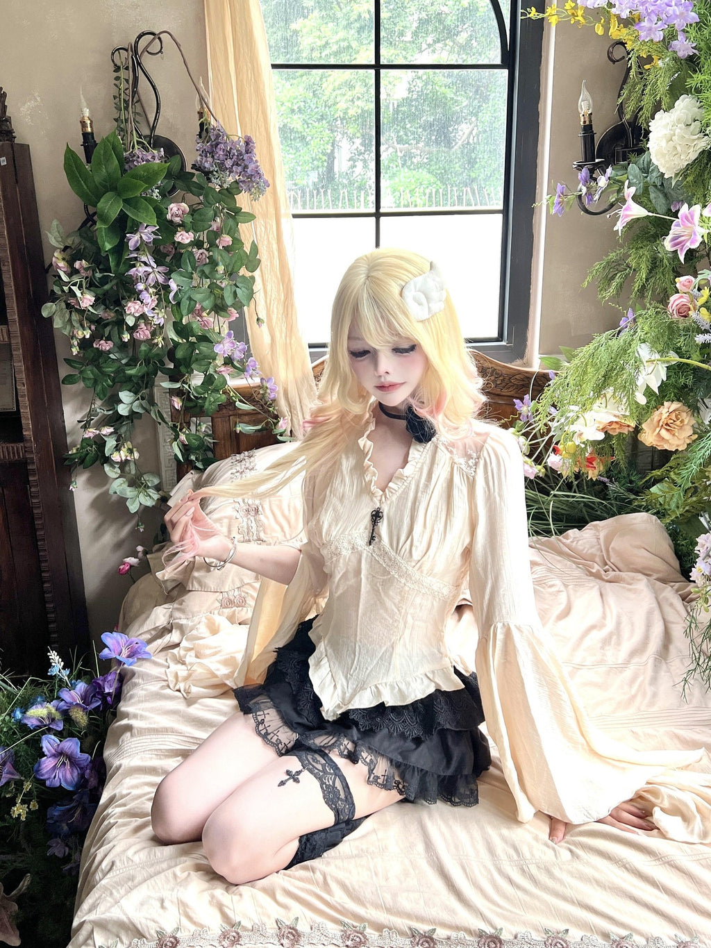 Sub Era Apricot French Ruffle Court Sleeve Women's Lace Long Sleeve T-shirts