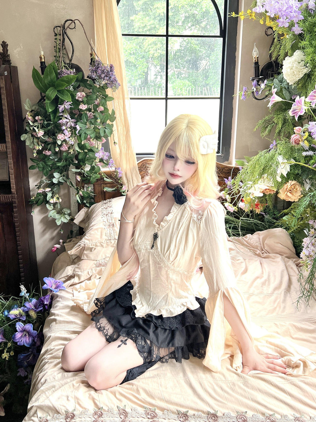 Sub Era Apricot French Ruffle Court Sleeve Women's Lace Long Sleeve T-shirts