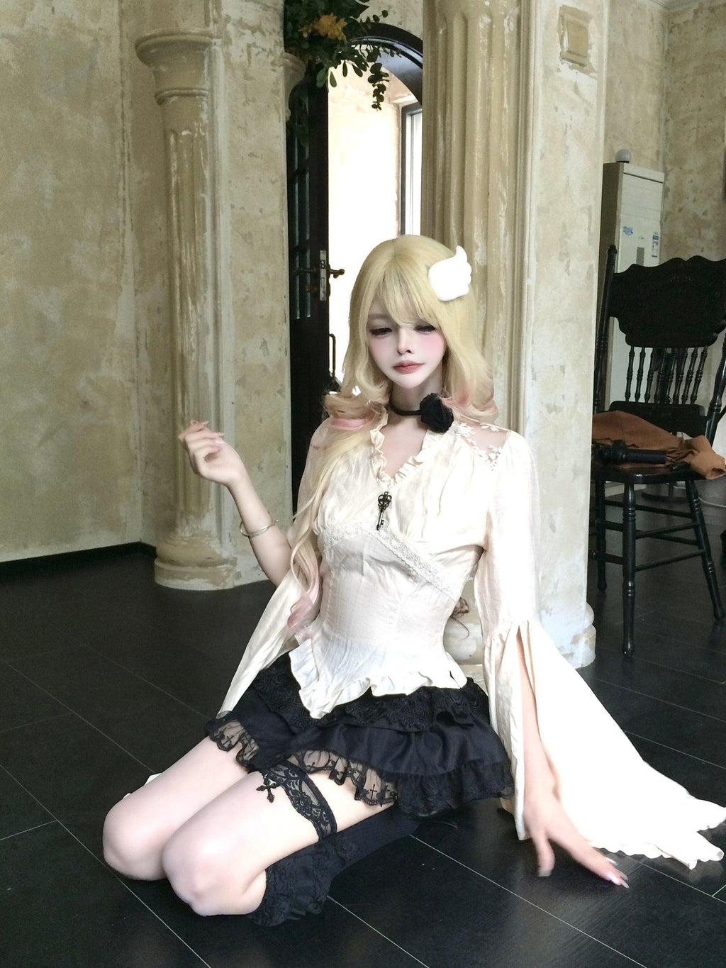 Sub Era Apricot French Ruffle Court Sleeve Women's Lace Long Sleeve T-shirts