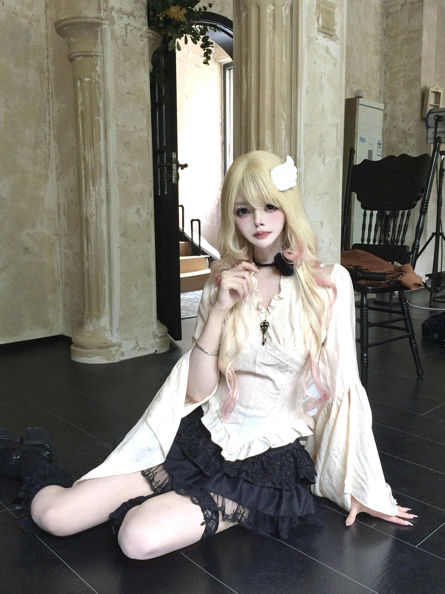Sub Era Apricot French Ruffle Court Sleeve Women's Lace Long Sleeve T-shirts