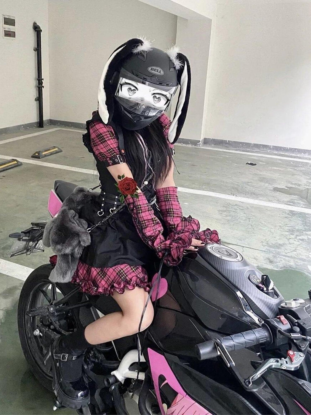 Sub Era Biker Black Pink Spliced Sleeves Tie Waist Women's Casual Mini Dresses