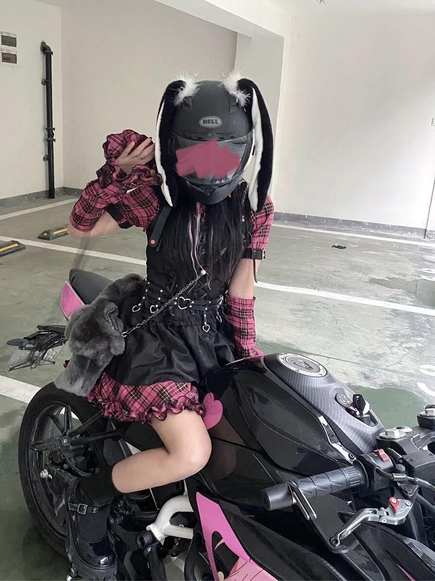 Sub Era Biker Black Pink Spliced Sleeves Tie Waist Women's Casual Mini Dresses