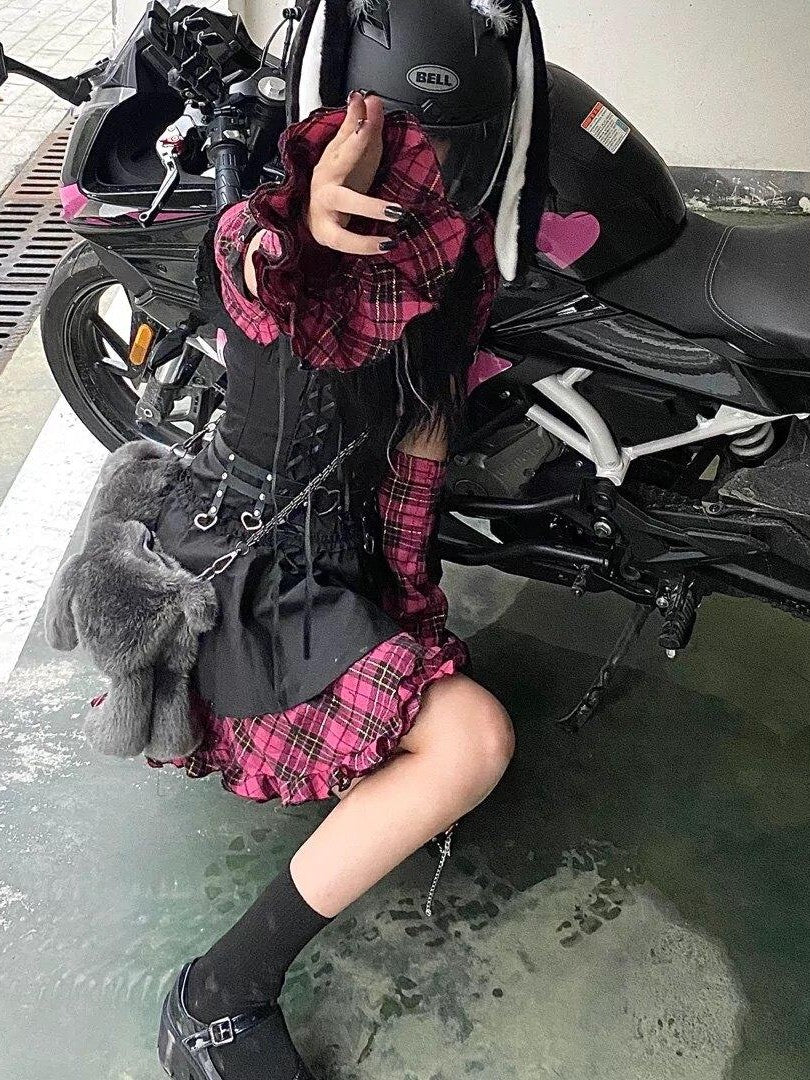 Sub Era Biker Black Pink Spliced Sleeves Tie Waist Women's Casual Mini Dresses