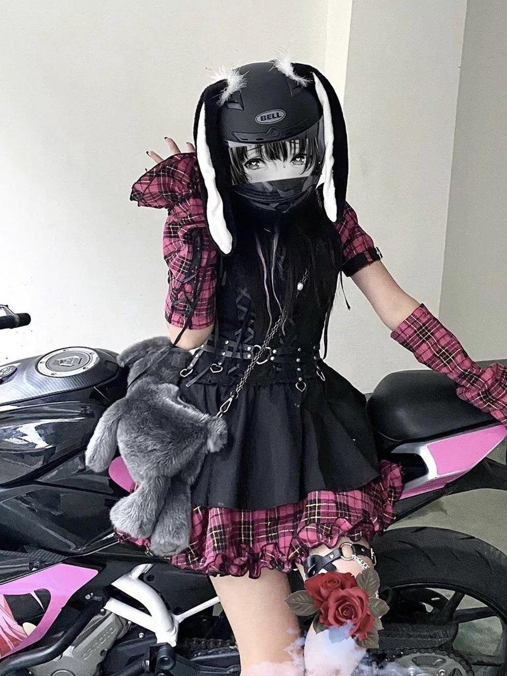 Sub Era Biker Black Pink Spliced Sleeves Tie Waist Women's Casual Mini Dresses