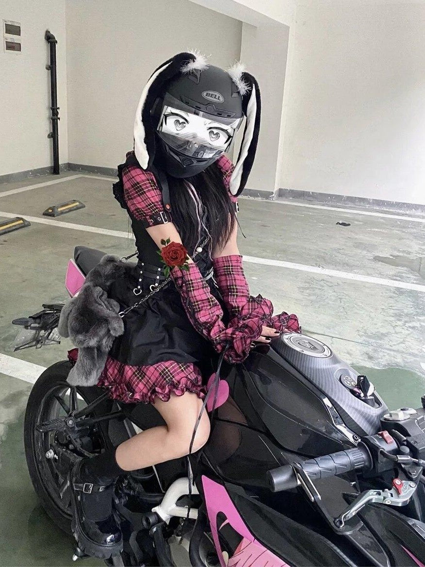 Sub Era Biker Black Pink Spliced Sleeves Tie Waist Women's Casual Mini Dresses