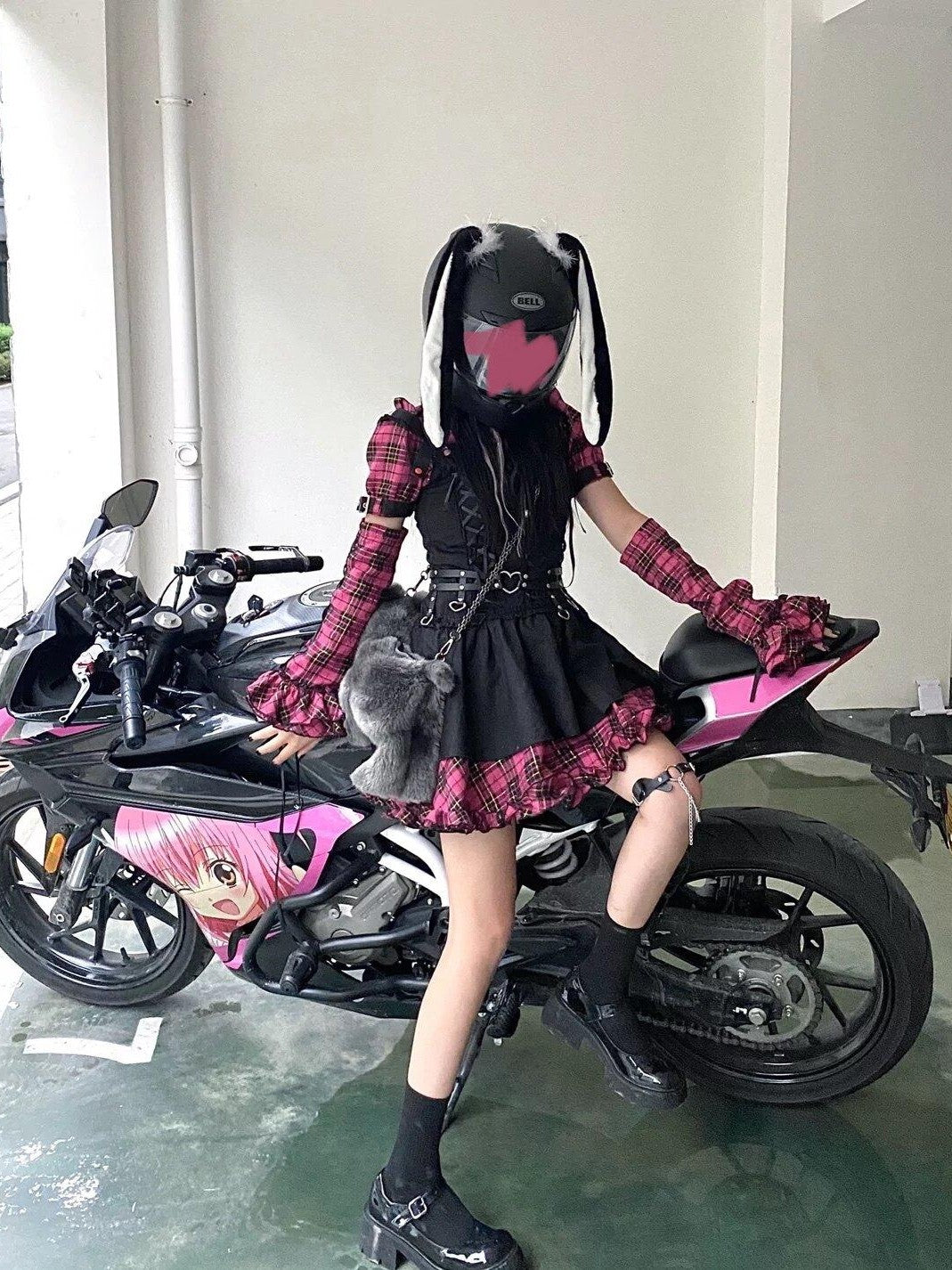 Sub Era Biker Black Pink Spliced Sleeves Tie Waist Women's Casual Mini Dresses