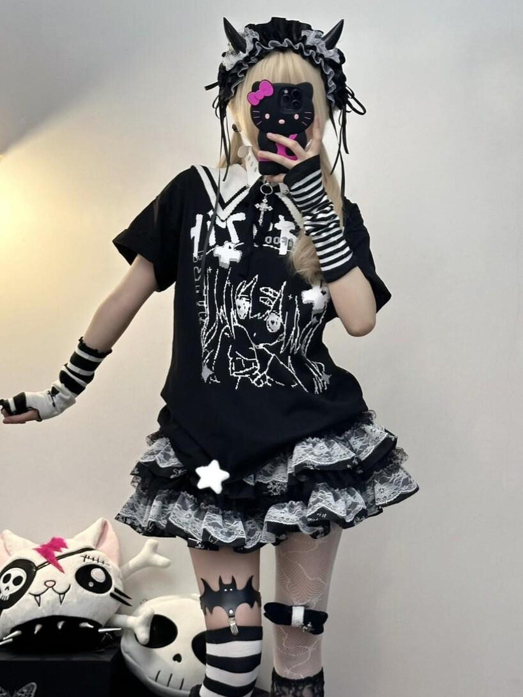 Sub Era Black Anime Print Faux Sailor Collar Women's Polyester Short Sleeve T-shirts