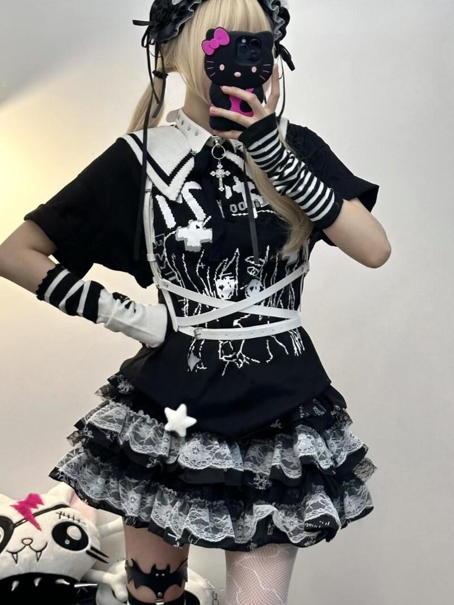 Sub Era Black Anime Print Faux Sailor Collar Women's Polyester Short Sleeve T-shirts