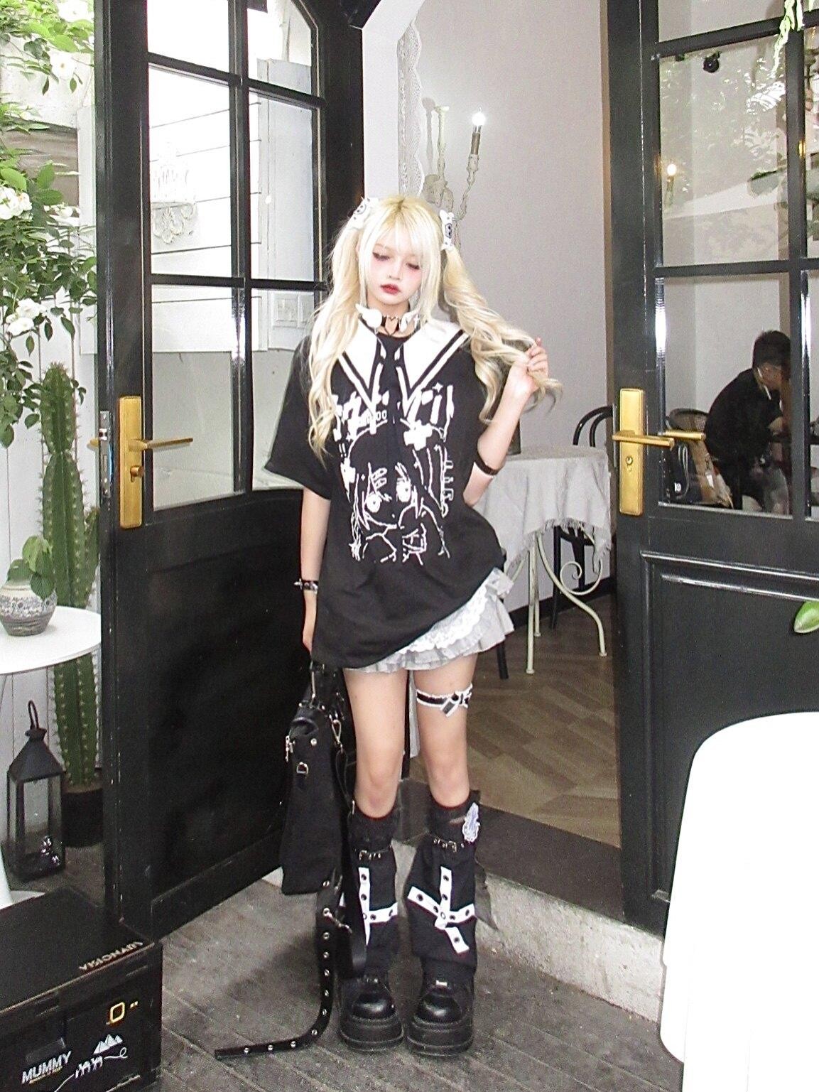 Sub Era Black Anime Print Faux Sailor Collar Women's Polyester Short Sleeve T-shirts