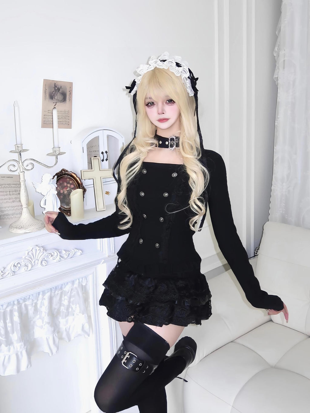 Sub Era Black Cutout Button Gothic Slim Women's Polyester Long Sleeve T-shirts