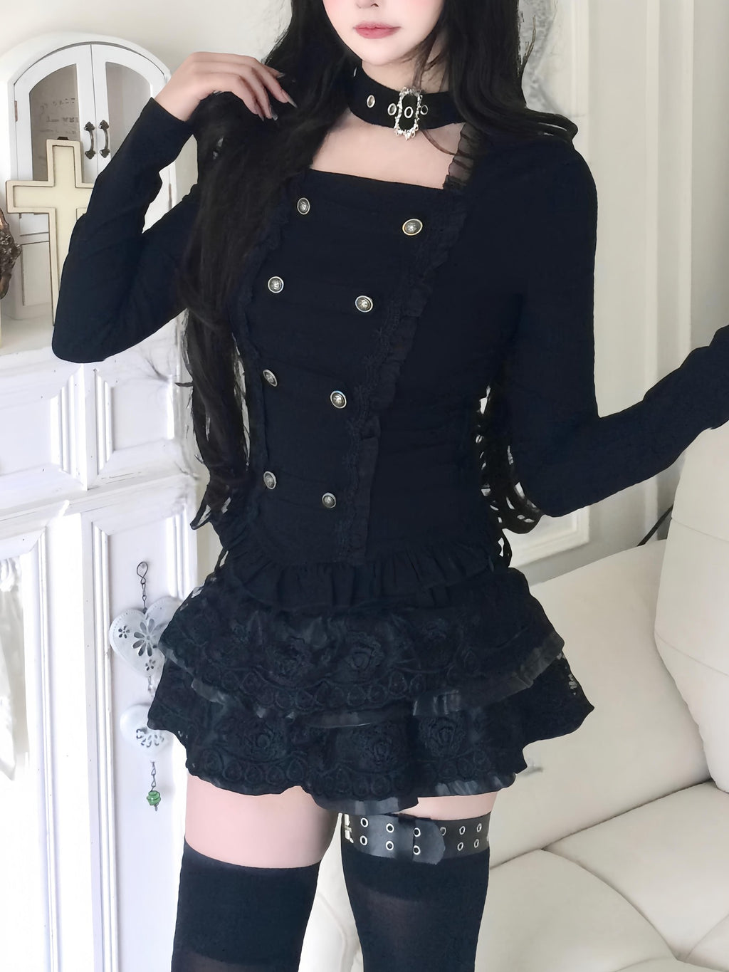 Sub Era Black Cutout Button Gothic Slim Women's Polyester Long Sleeve T-shirts