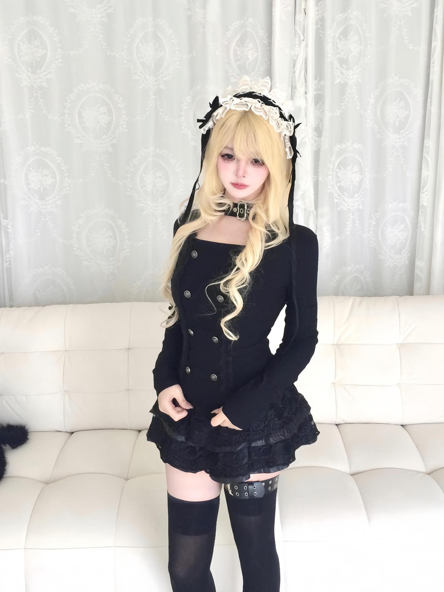 Sub Era Black Cutout Button Gothic Slim Women's Polyester Long Sleeve T-shirts