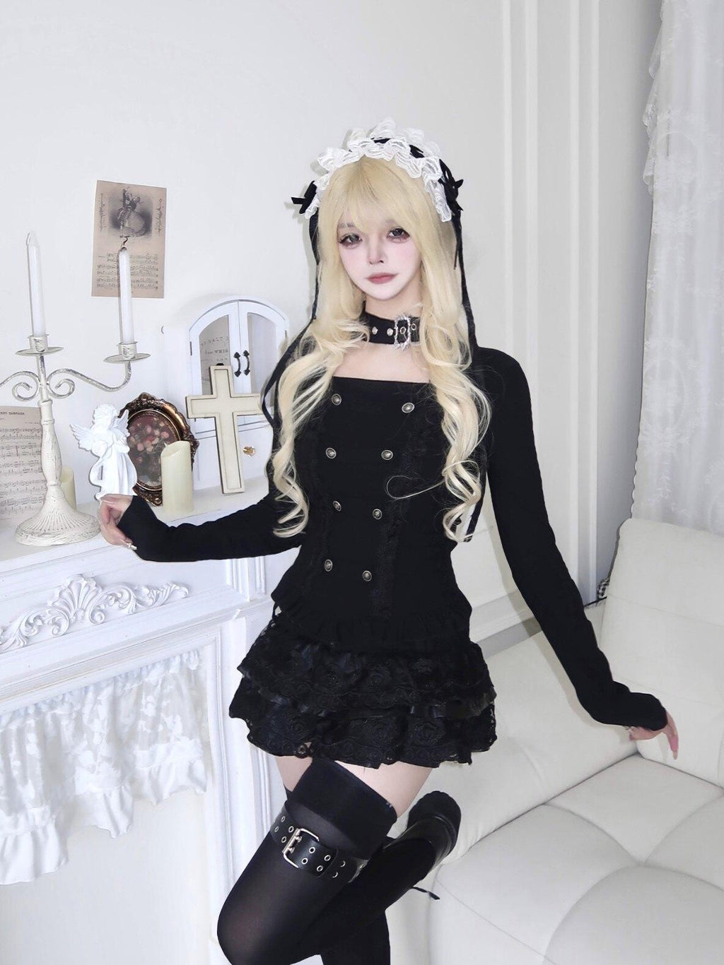 Sub Era Black Cutout Button Gothic Slim Women's Polyester Long Sleeve T-shirts