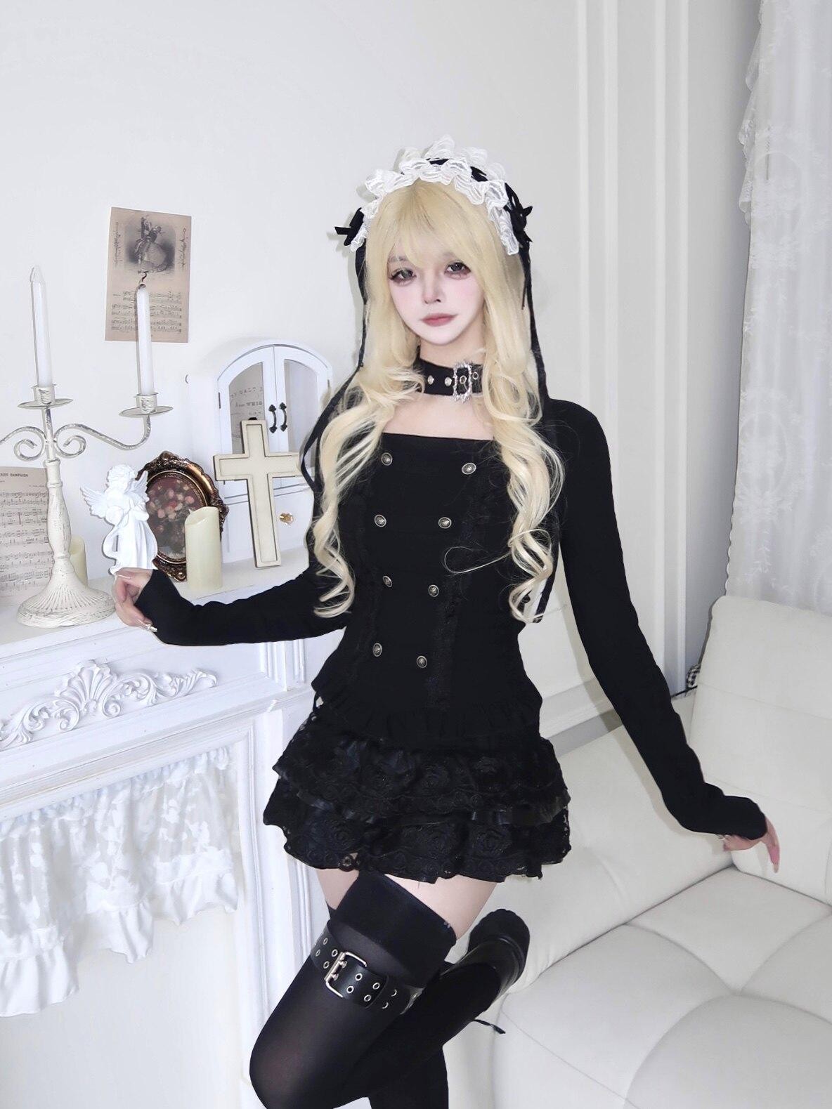 Sub Era Black Cutout Button Gothic Slim Women's Polyester Long Sleeve T-shirts