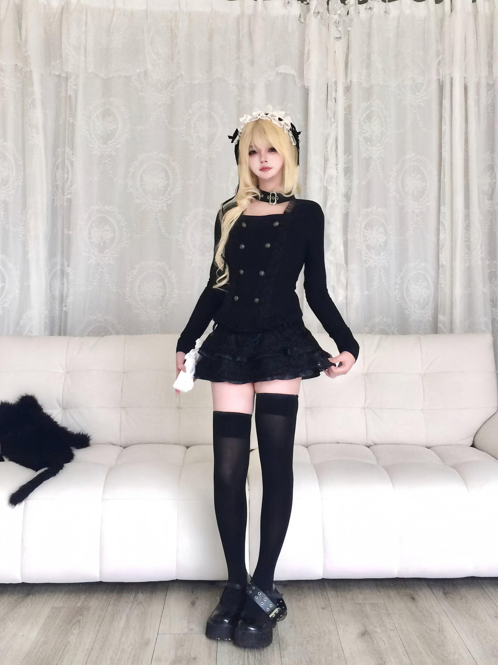 Sub Era Black Cutout Button Gothic Slim Women's Polyester Long Sleeve T-shirts