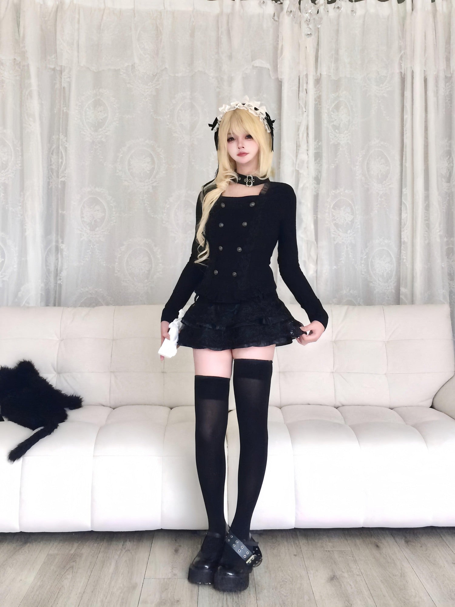 Sub Era Black Cutout Button Gothic Slim Women's Polyester Long Sleeve T-shirts