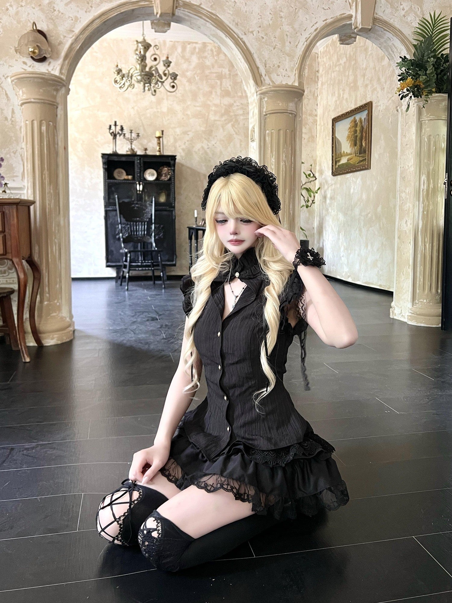 Sub Era Black Gothic Cinched Waist Layered Women's Polyester Short Sleeve T-shirts