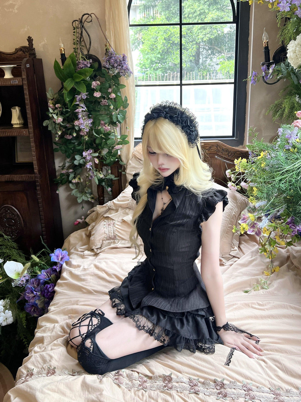 Sub Era Black Gothic Cinched Waist Layered Women's Polyester Short Sleeve T-shirts