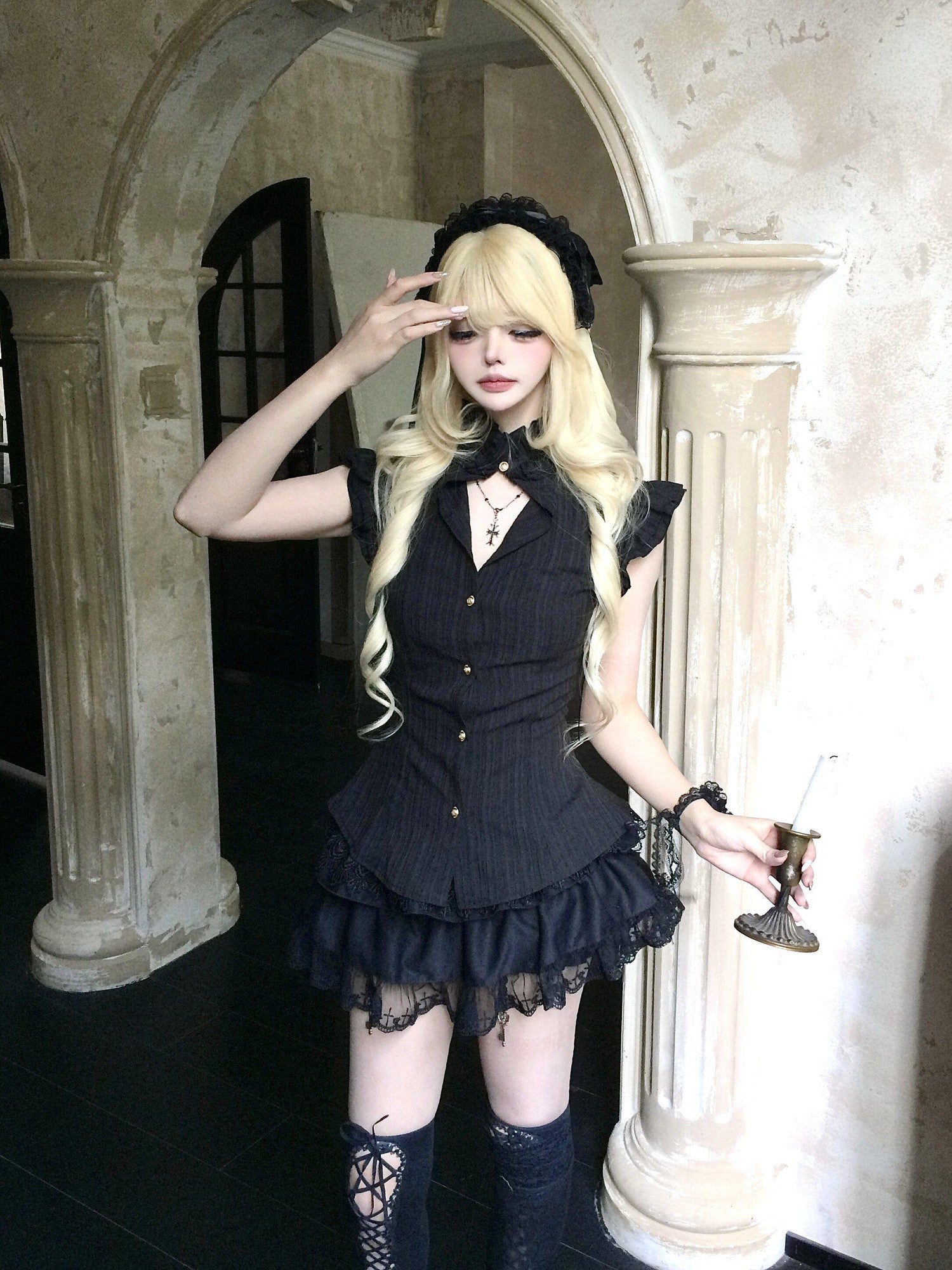 Sub Era Black Gothic Cinched Waist Layered Women's Polyester Short Sleeve T-shirts