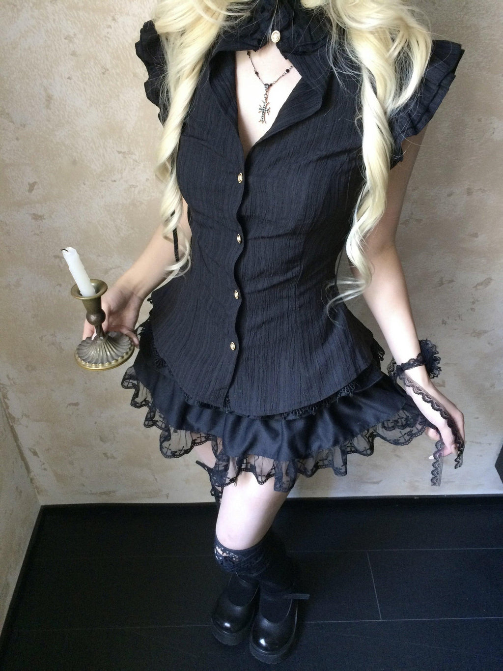 Sub Era Black Gothic Cinched Waist Layered Women's Polyester Short Sleeve T-shirts