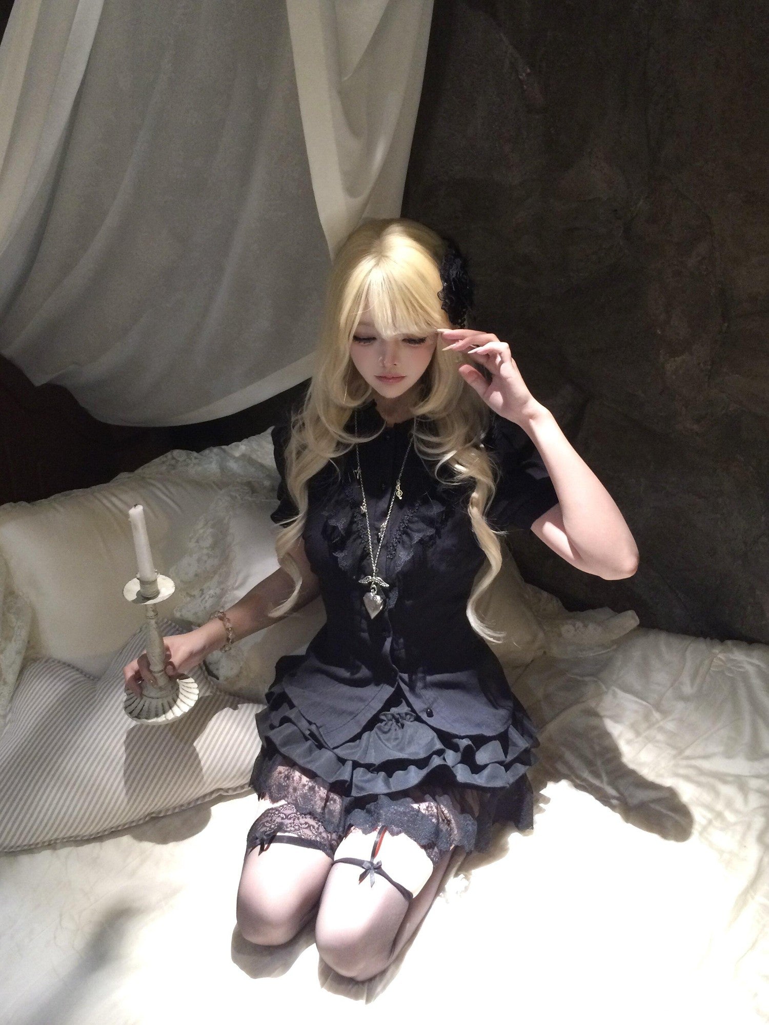 Sub Era Black Gothic Lace Spliced Puff Sleeve Women's Polyester Blouses