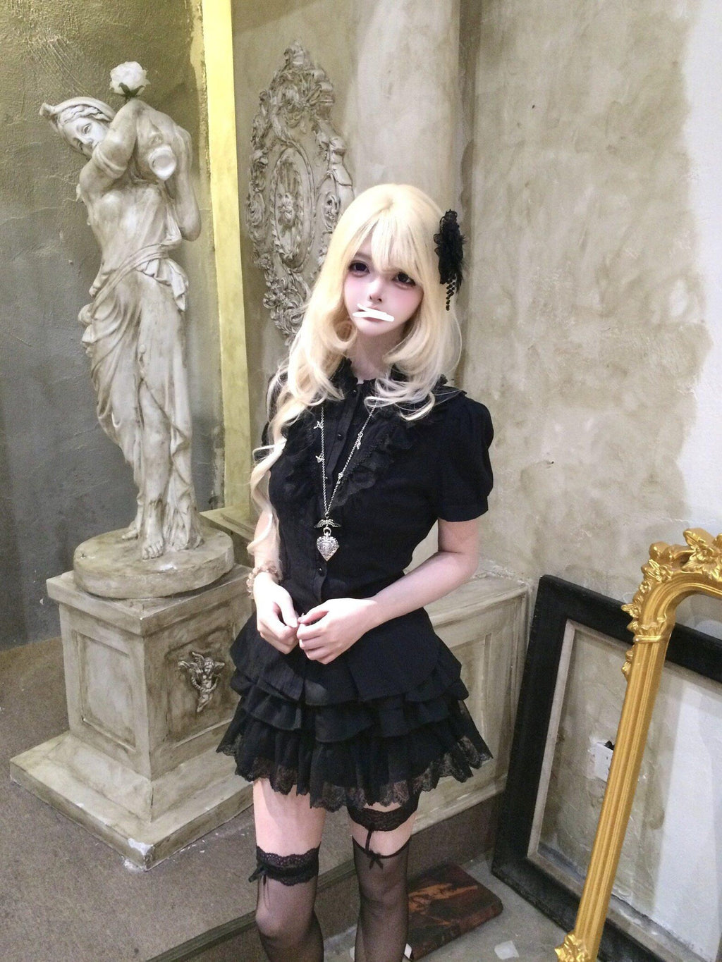 Sub Era Black Gothic Lace Spliced Puff Sleeve Women's Polyester Blouses