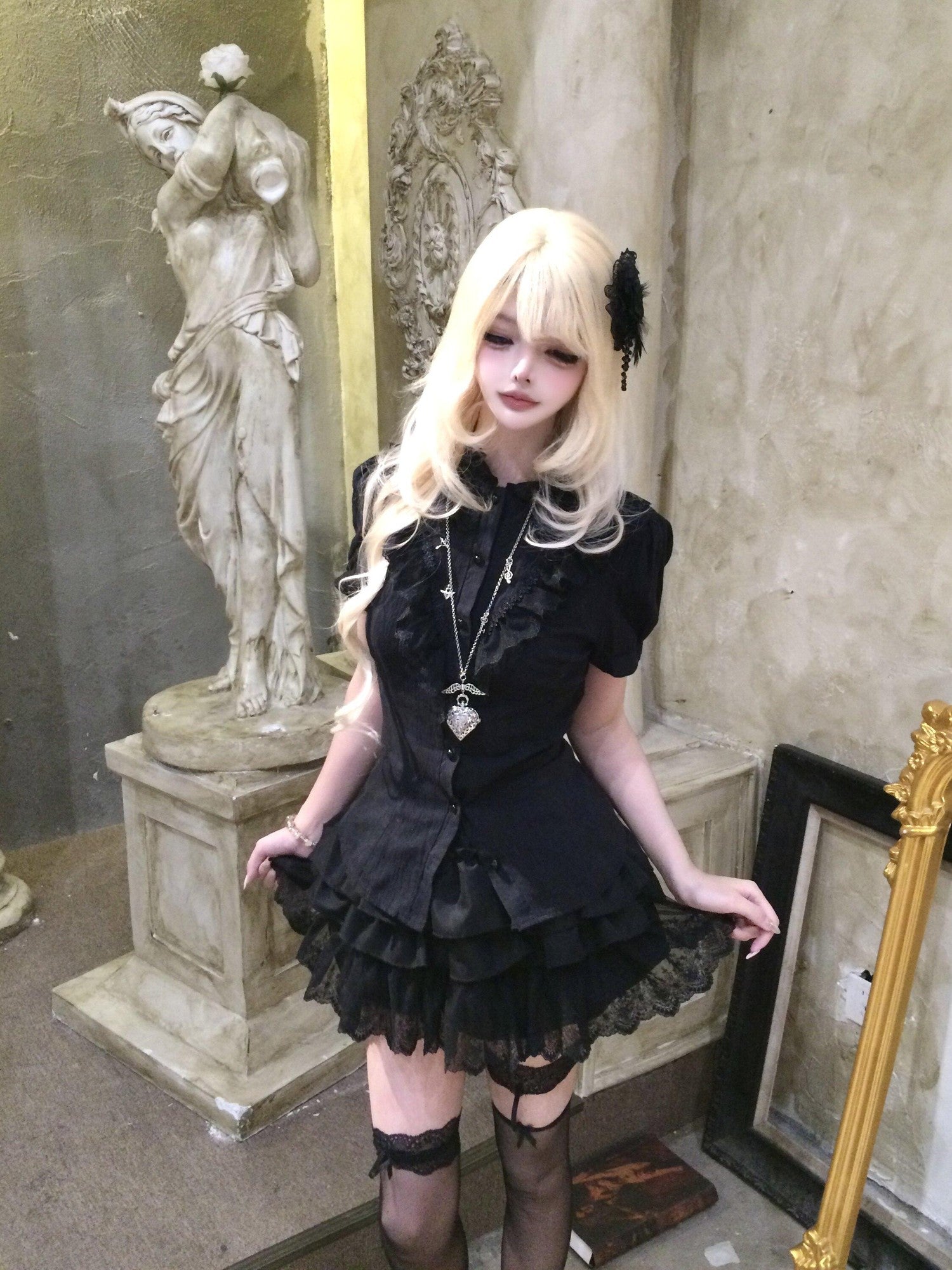 Sub Era Black Gothic Lace Spliced Puff Sleeve Women's Polyester Blouses