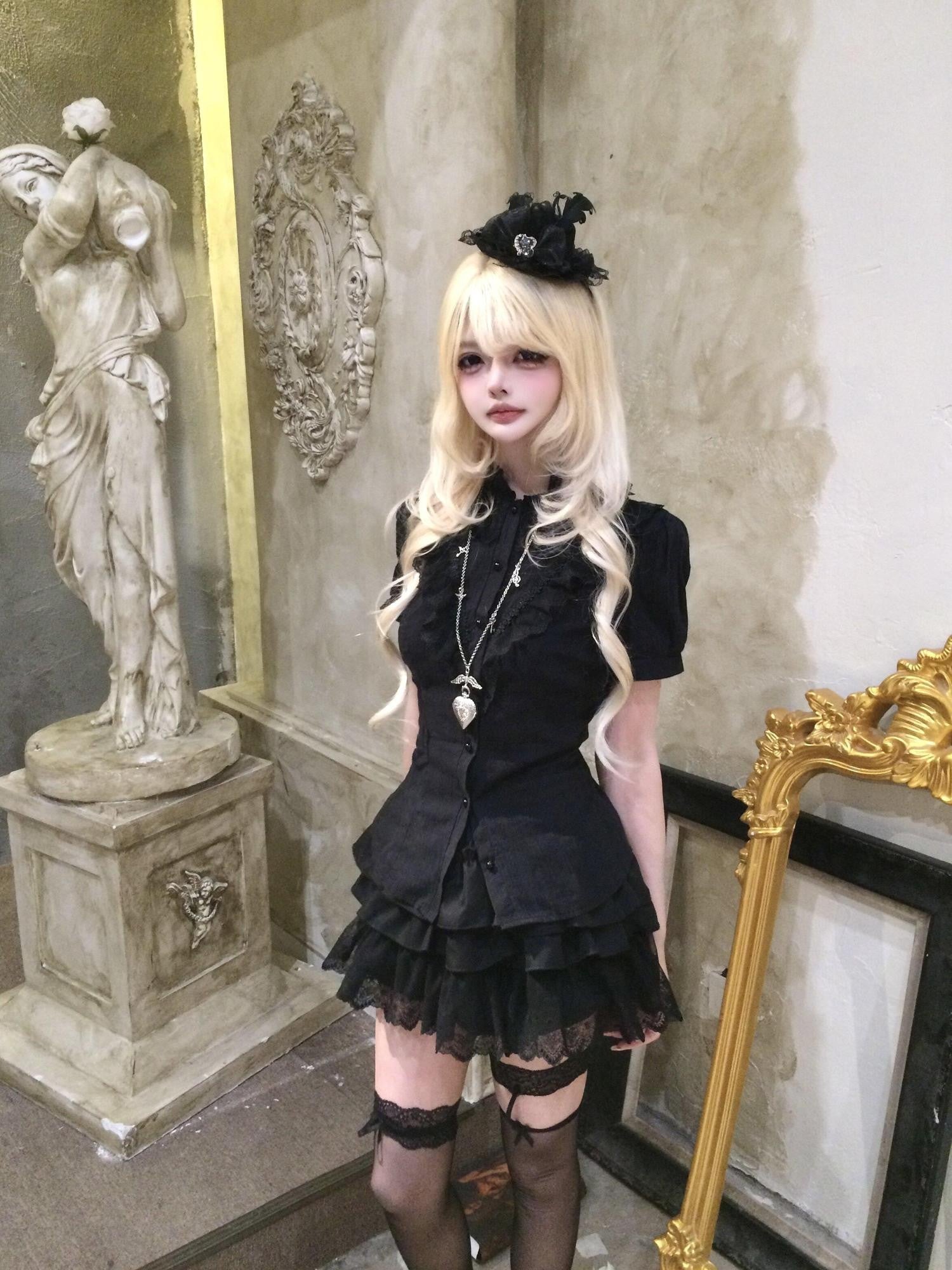 Sub Era Black Gothic Lace Spliced Puff Sleeve Women's Polyester Blouses