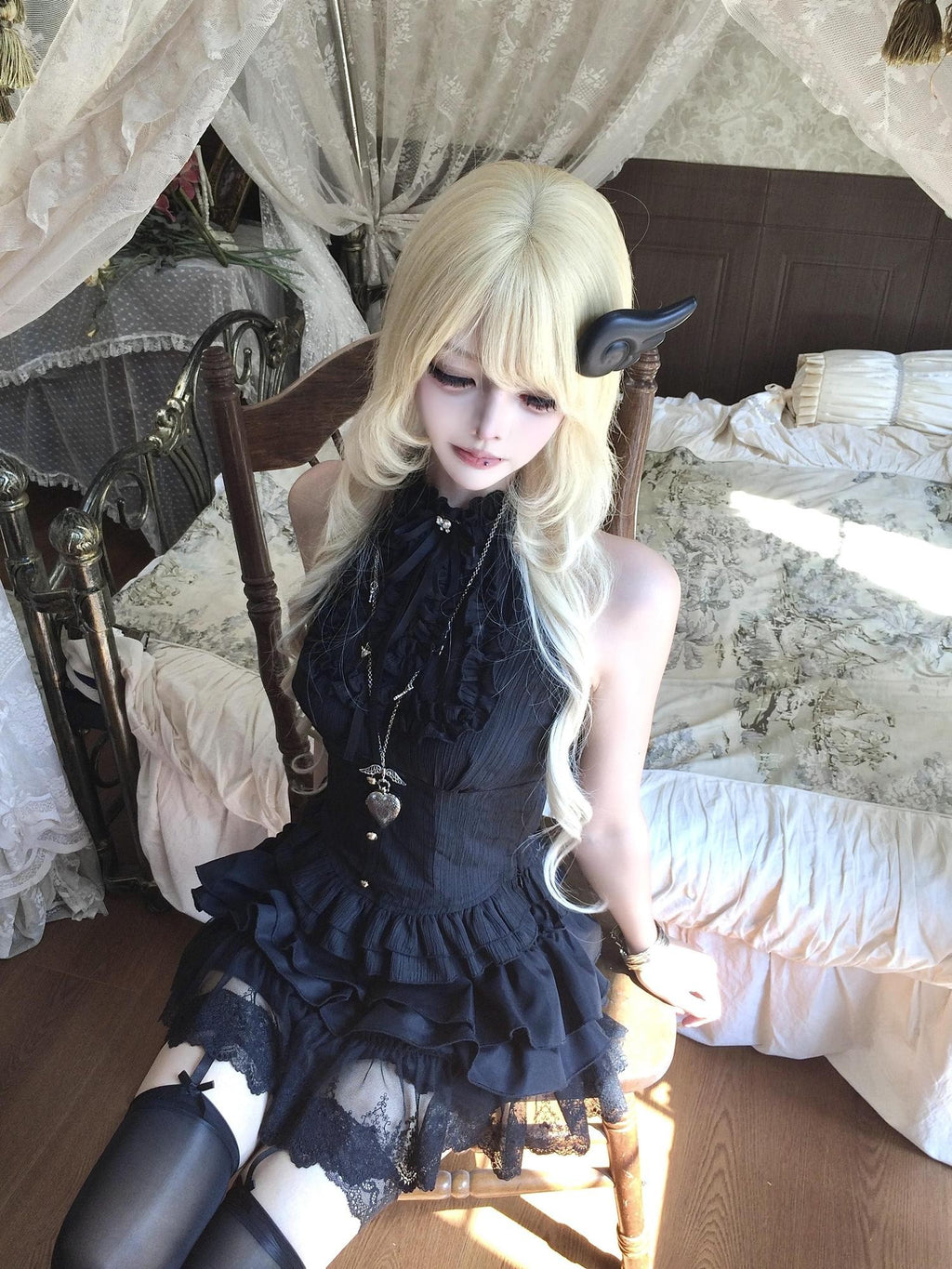 Sub Era Black Gothic Ruffle Tiered Halter Women's Polyester Tank Tops
