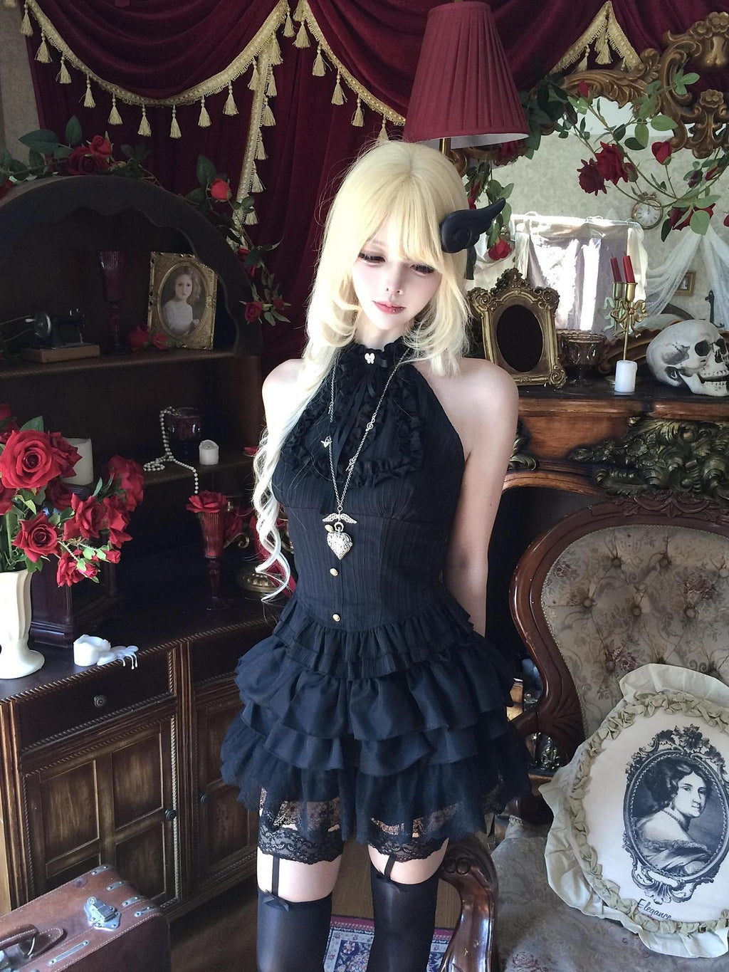Sub Era Black Gothic Ruffle Tiered Halter Women's Polyester Tank Tops