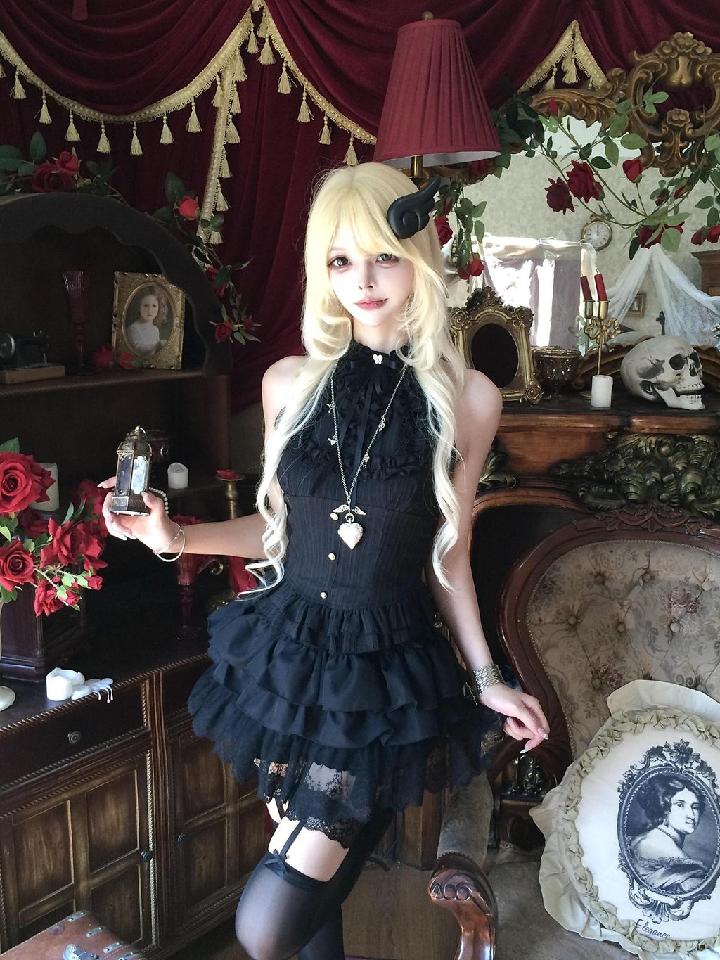 Sub Era Black Gothic Ruffle Tiered Halter Women's Polyester Tank Tops