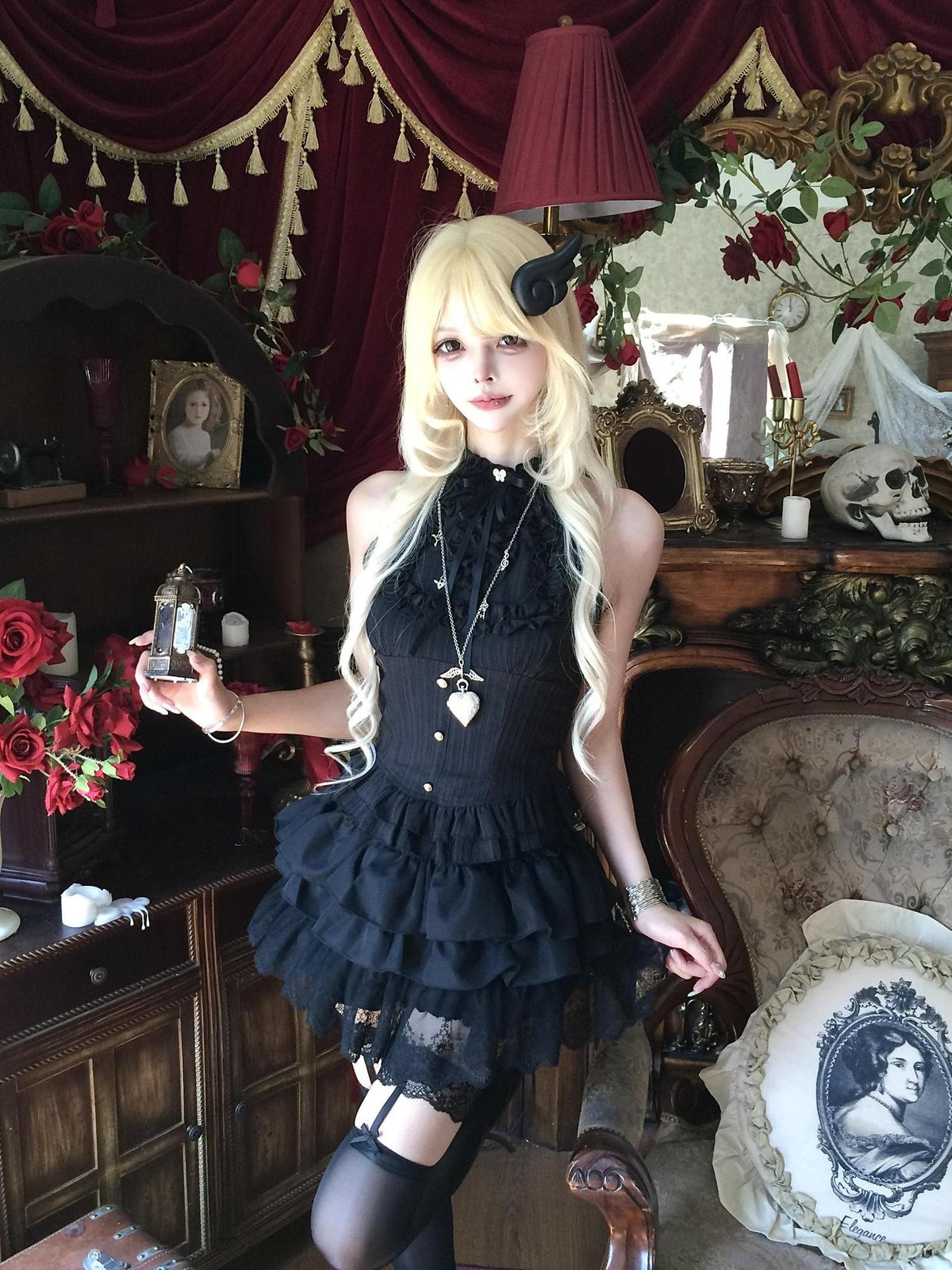 Sub Era Black Gothic Ruffle Tiered Halter Women's Polyester Tank Tops