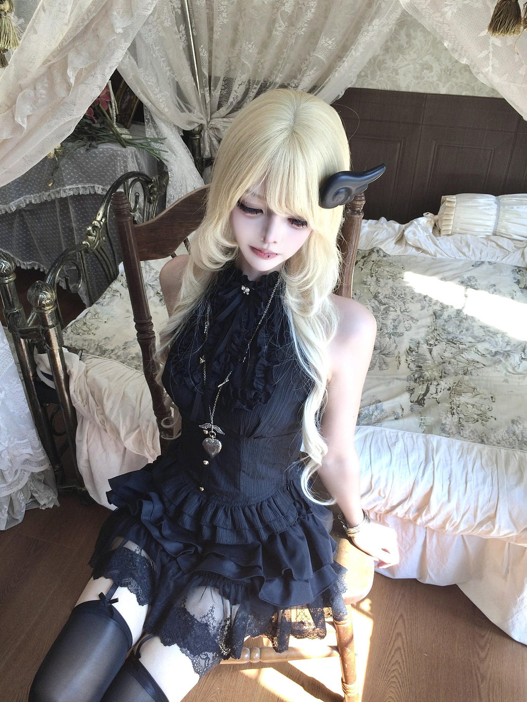 Sub Era Black Gothic Ruffle Tiered Halter Women's Polyester Tank Tops