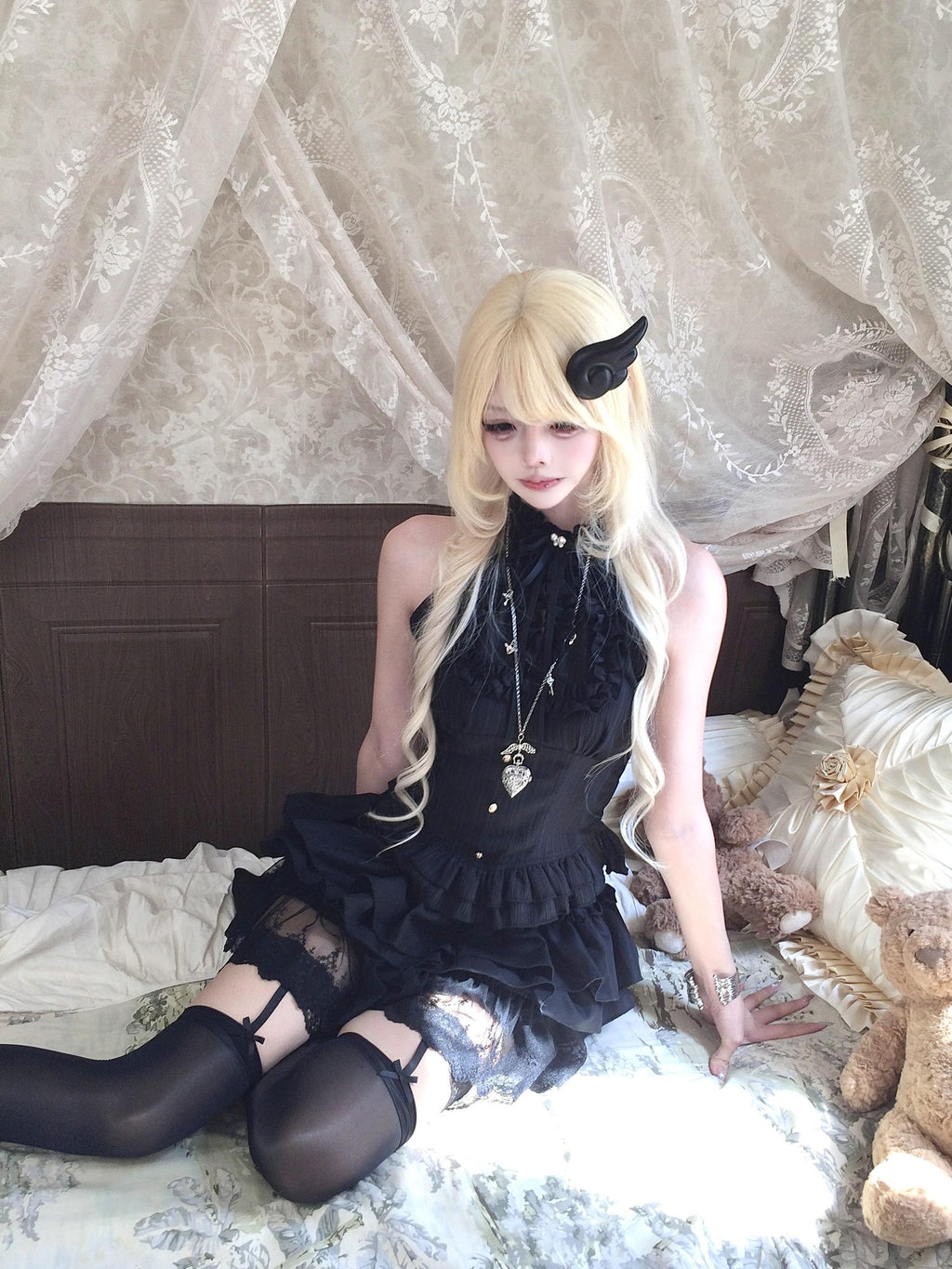 Sub Era Black Gothic Ruffle Tiered Halter Women's Polyester Tank Tops