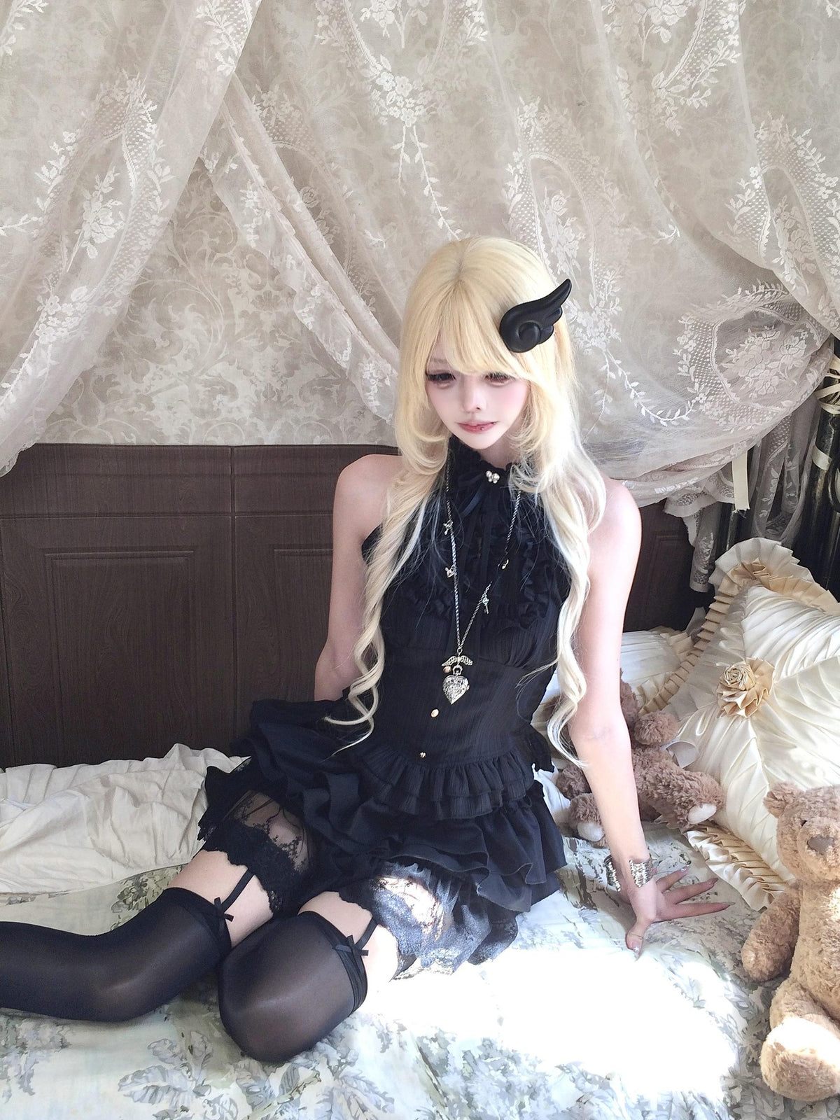 Sub Era Black Gothic Ruffle Tiered Halter Women's Polyester Tank Tops